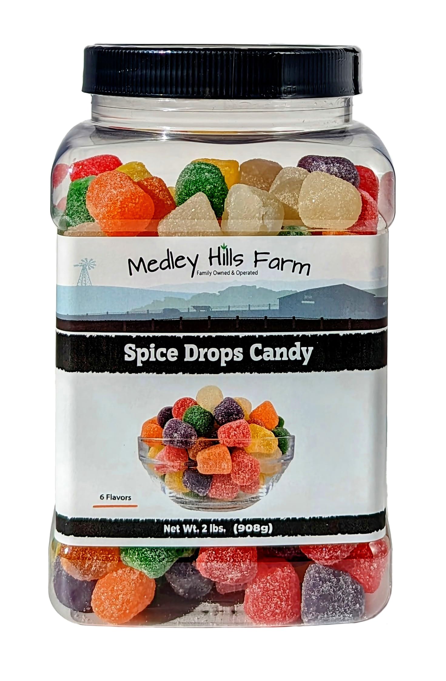 Medley Hills Farm front packaging showing colorful spice drops and resealable benefit