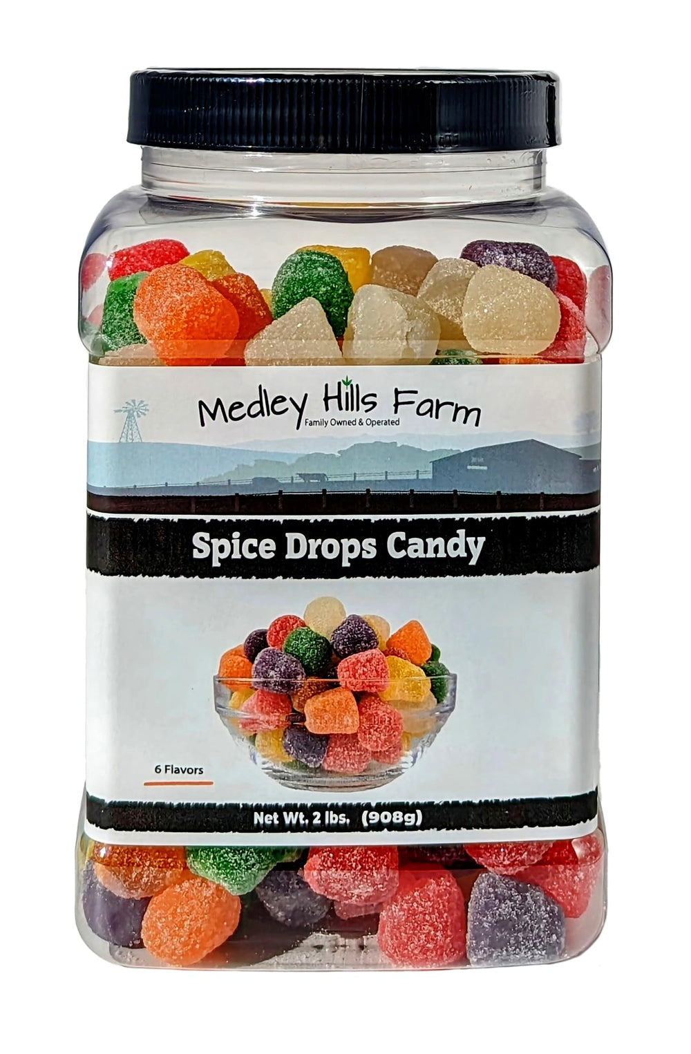 Medley Hills Farm front packaging showing colorful spice drops and resealable benefit