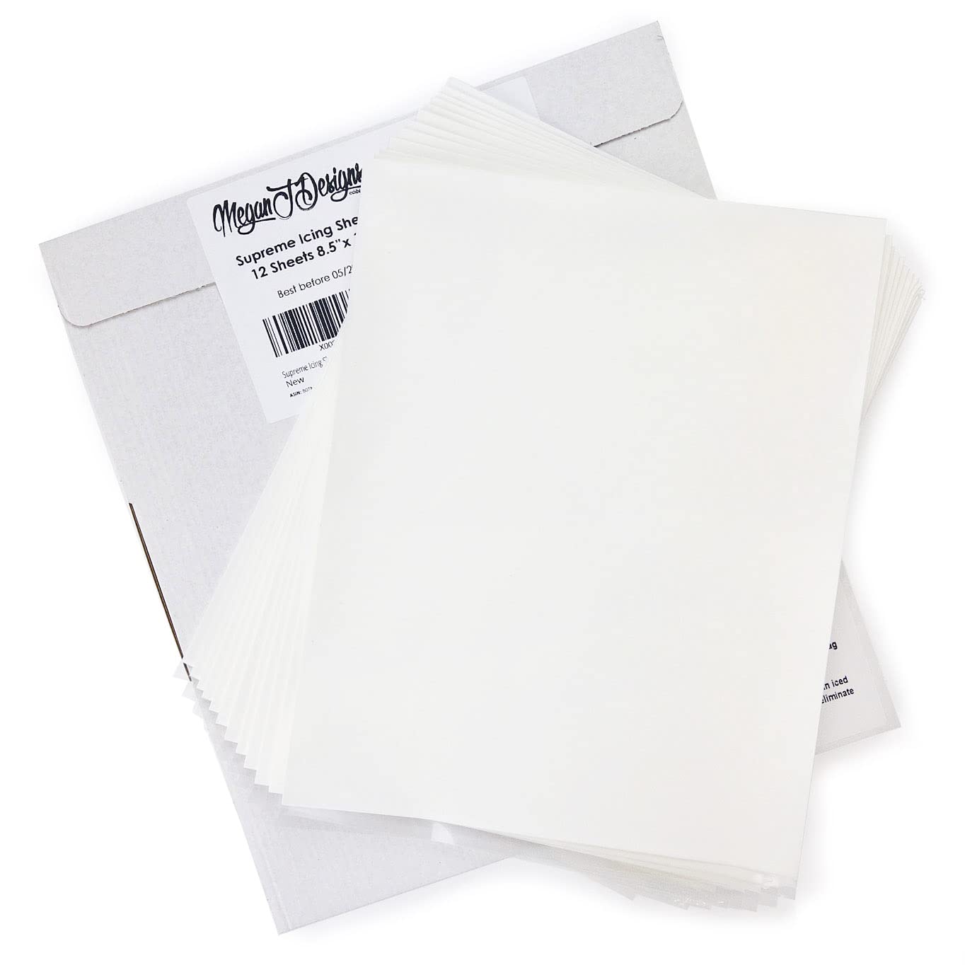 MeganJDesigns front packaging showing 12 icing sheets and resealable bag benefit clarity