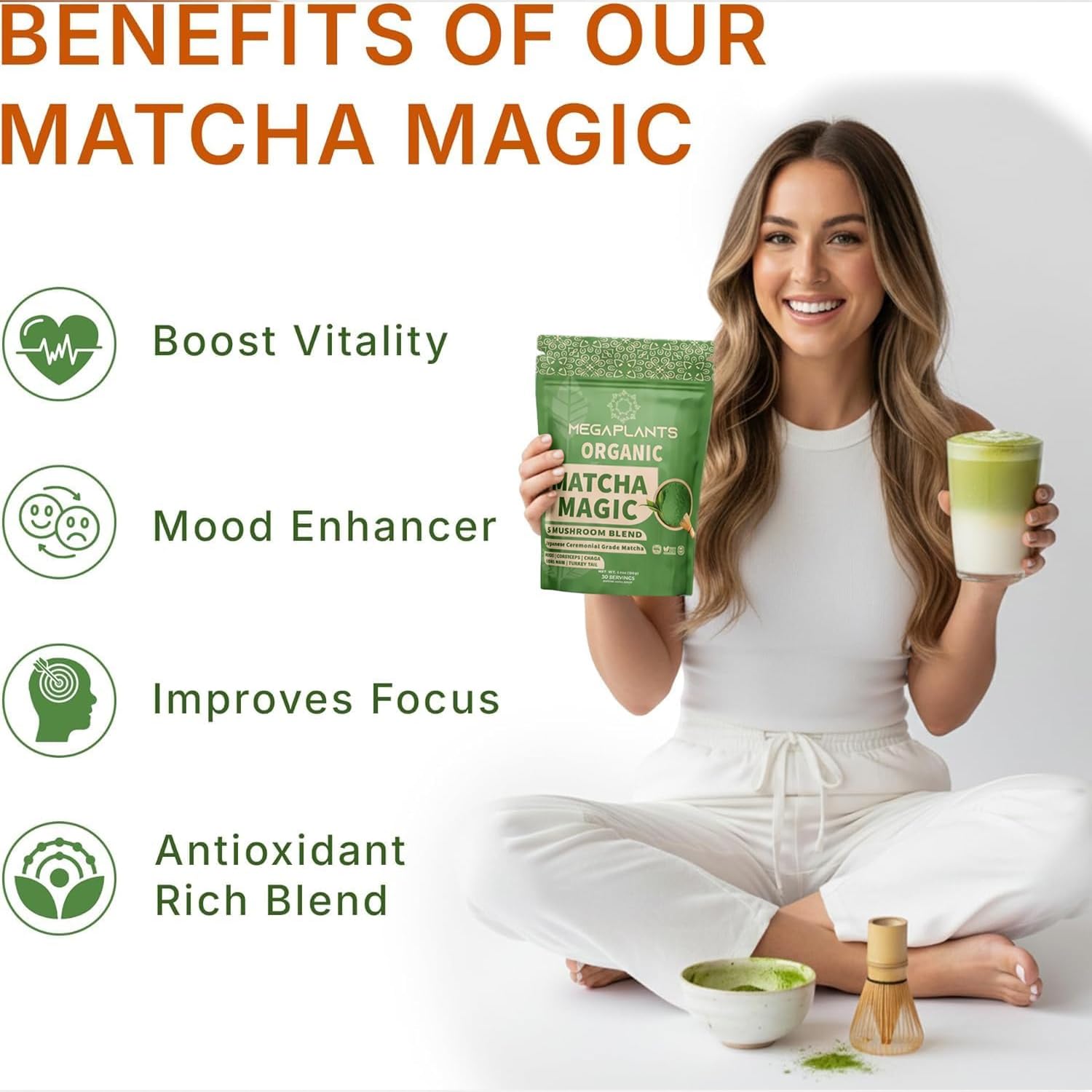 MEGAPLANTS metal scoop with powdered matcha emphasizing easy portioning