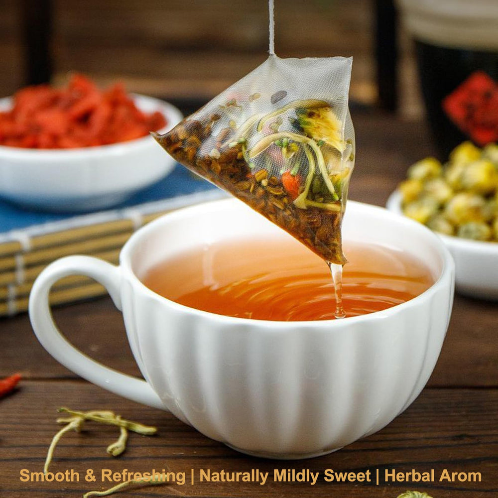 Meideal tea bag beside ruler scale demonstrating single-serve size