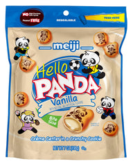 Meiji Hello Panda open pouch with cookies visible, easy resealable freshness