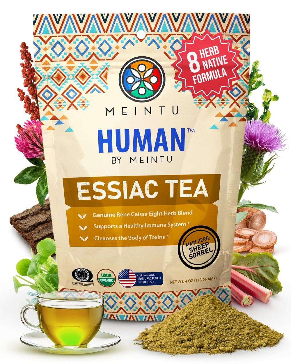 MEINTU front packaging showing organic 8-herb Essiac powder and pouch benefit freshness