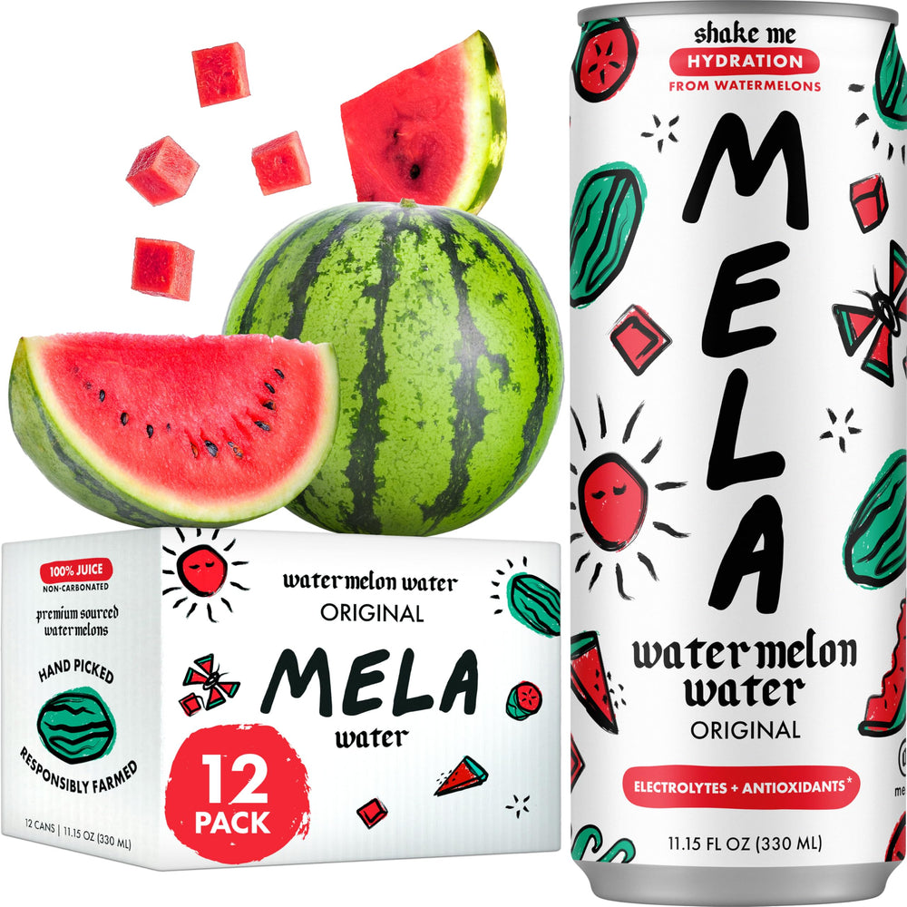 Mela Water watermelon front can showing clean branding and hydration benefit