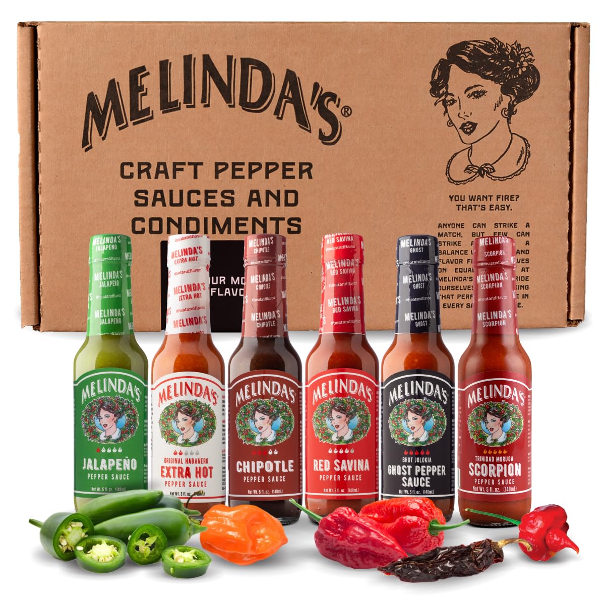 Melinda's front packaging showing six-bottle gift set and variety
