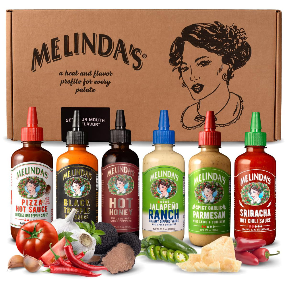 Melinda's front packaging of pizza collection showing six sauces and gift-ready design