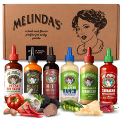 Melinda's front packaging of pizza collection showing six sauces and gift-ready design