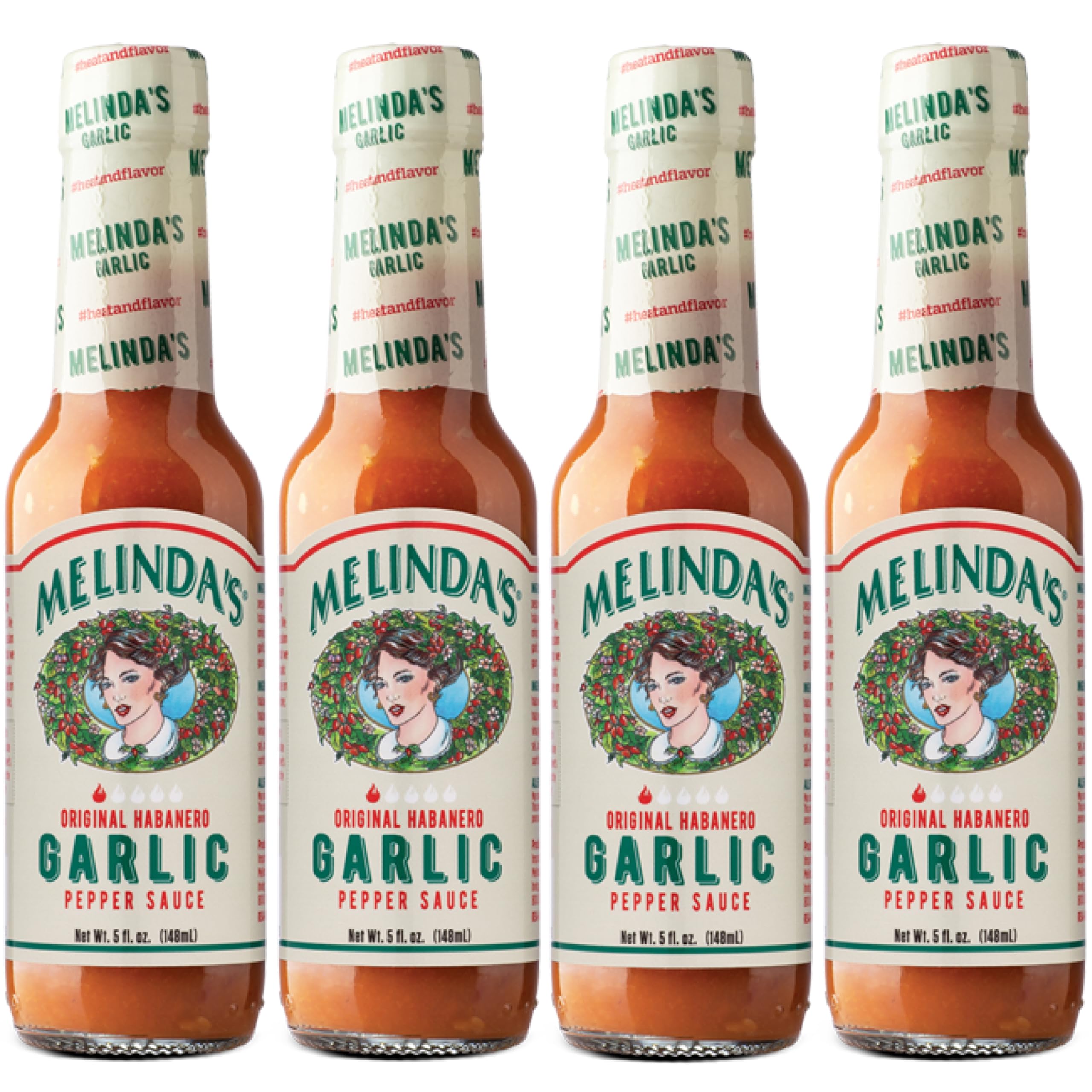 Melinda's front packaging showing bottle and label, highlights balanced garlic flavor