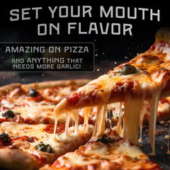 Melinda's drizzling sauce over pizza, adds savory garlic heat as a finishing touch