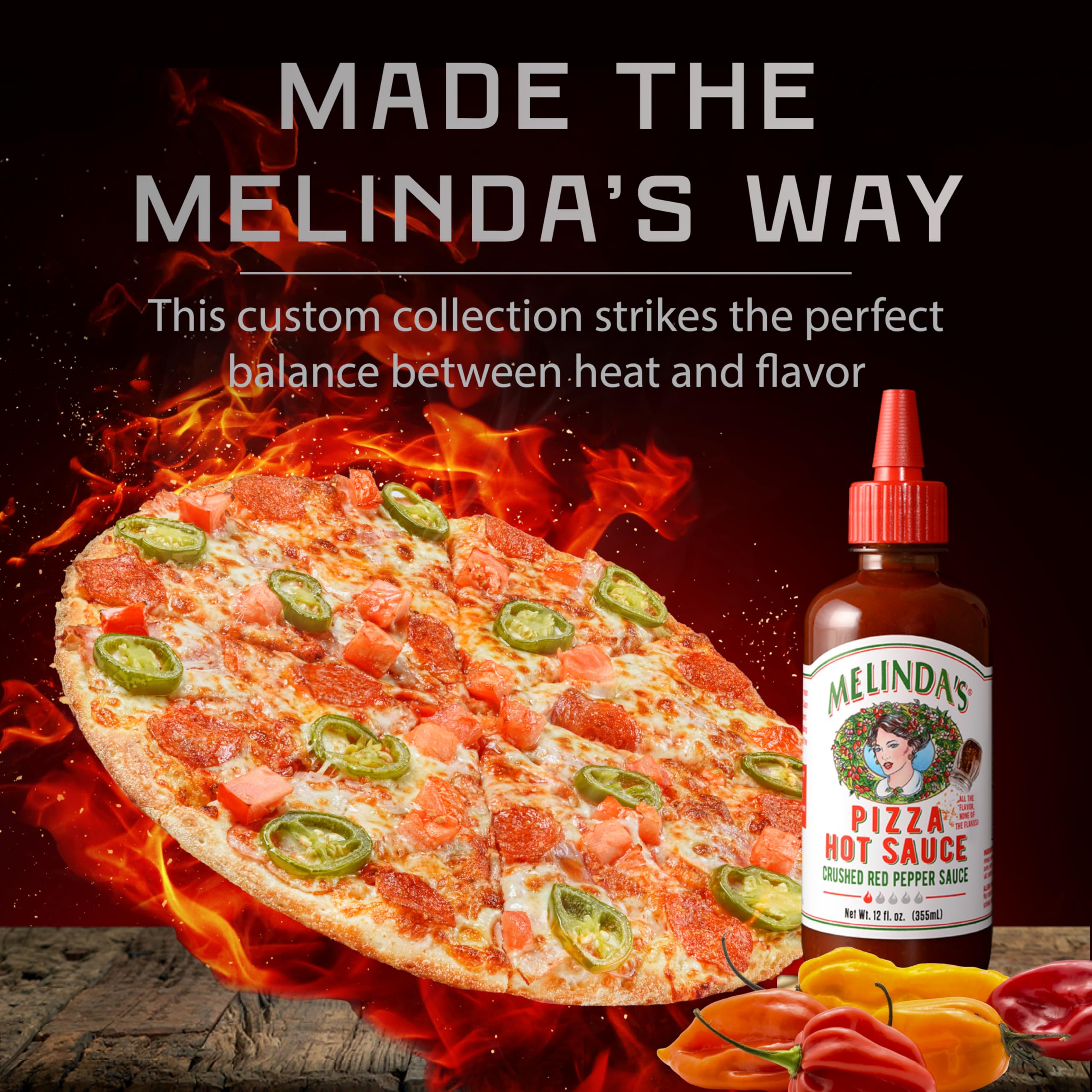 Melinda's pouring sriracha on pizza to add tangy heat and bold flavor