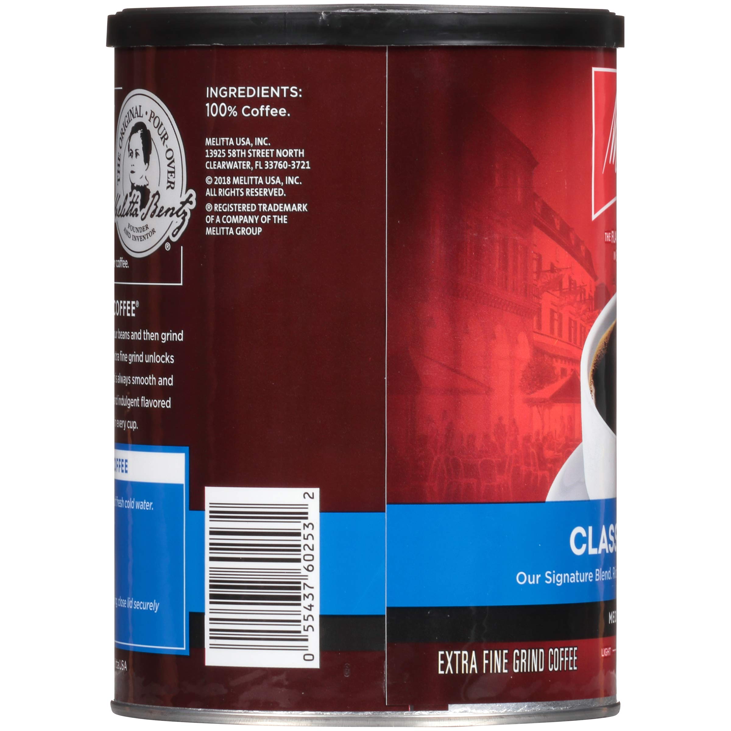 Melitta can opened to show sealed lid for freshness and easy pouring