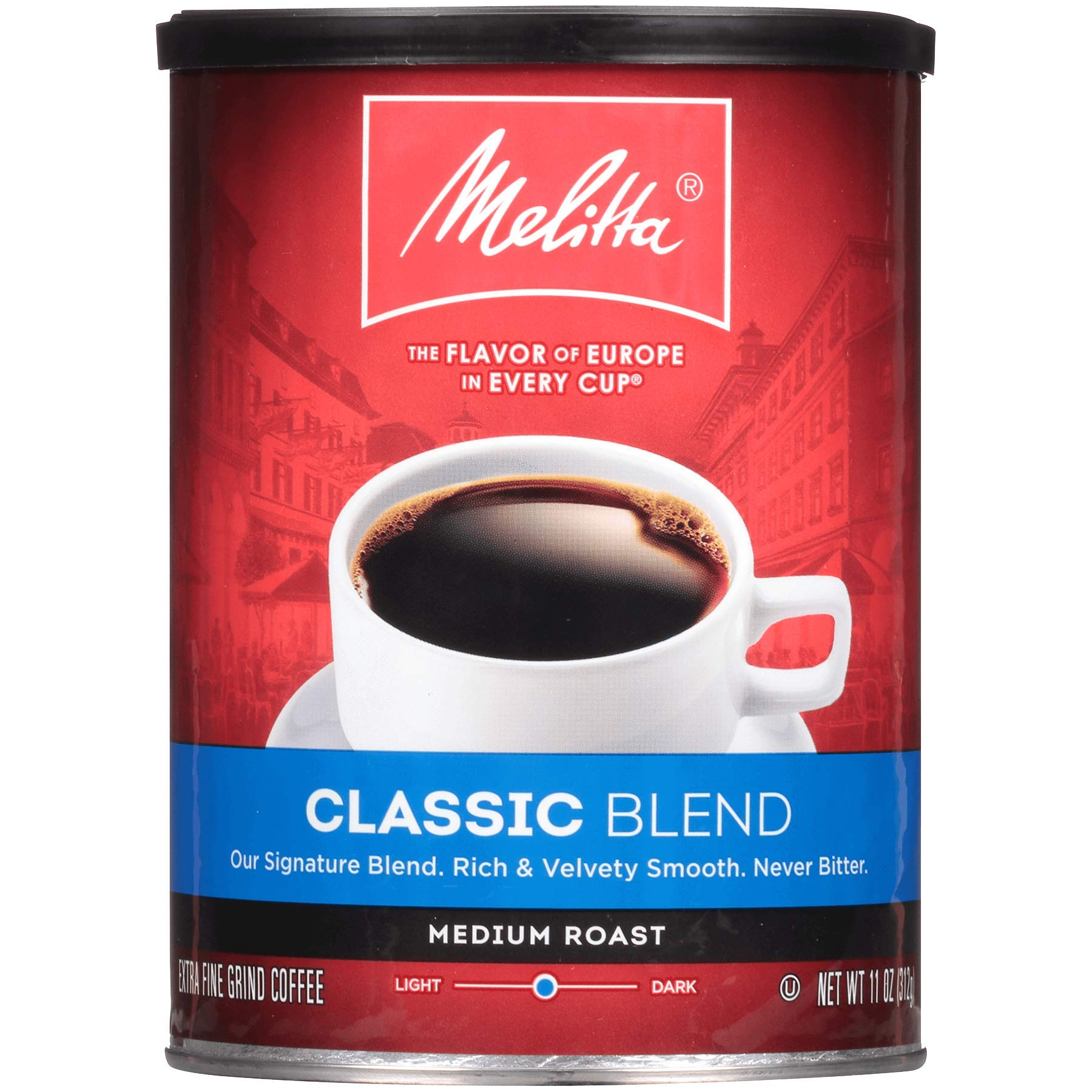 Melitta front can showing branding and package benefit of consistent flavor