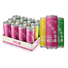 Melo pack front shows 12-pack cans and variety, brand refreshing alternative
