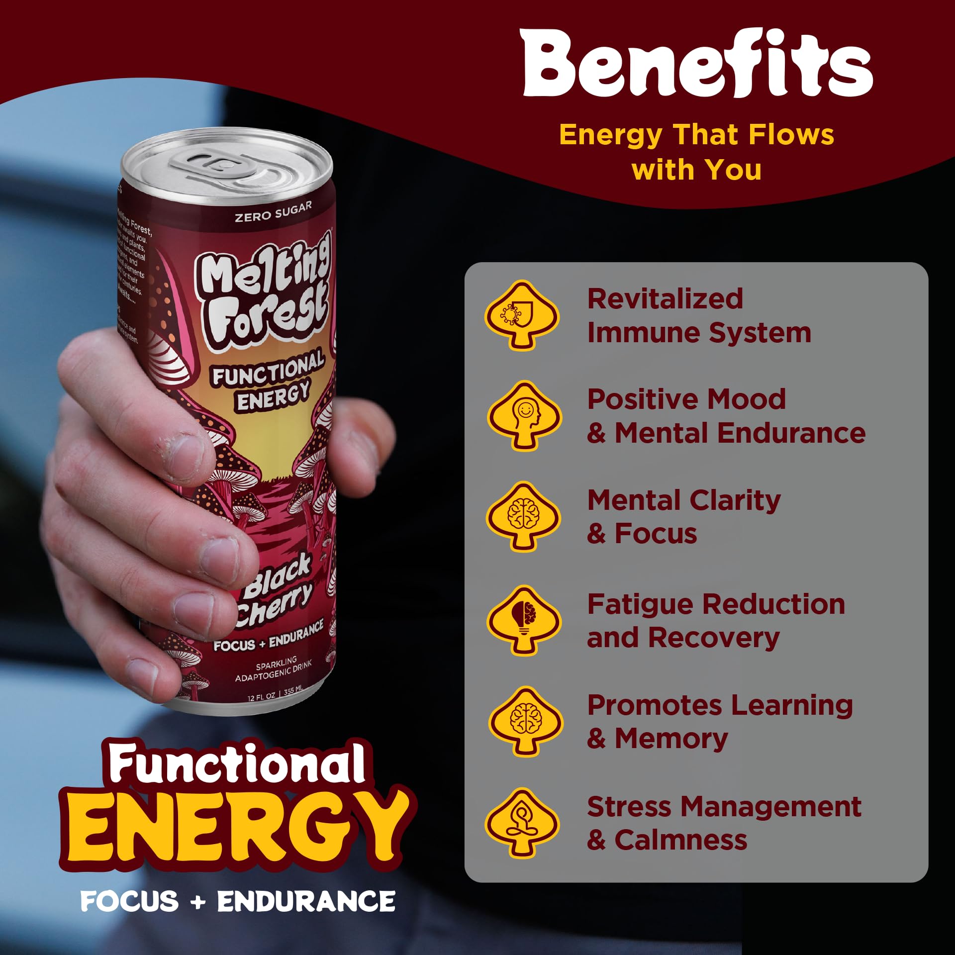 Melting Forest closeup label highlighting adaptogens and clean energy benefit