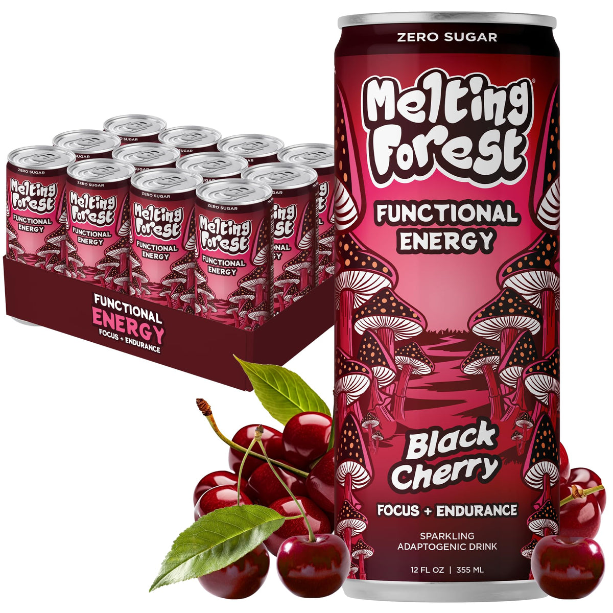 Melting Forest front packaging showing 12-pack and bold black cherry benefit