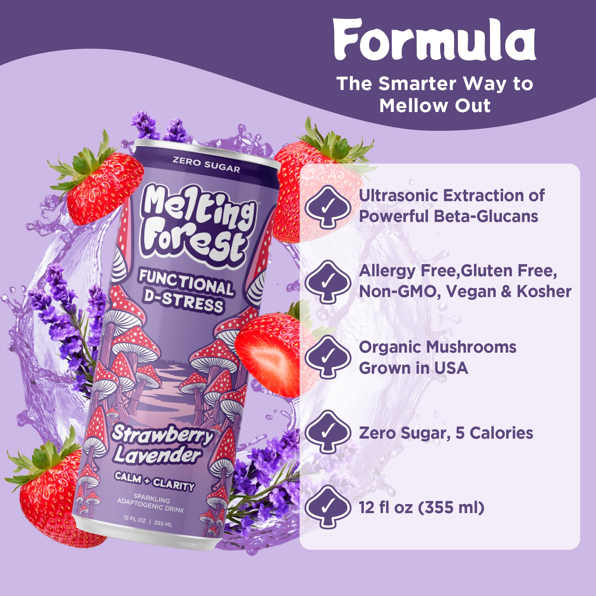 Melting Forest can with ingredient flatlay showing mushrooms and botanicals for support