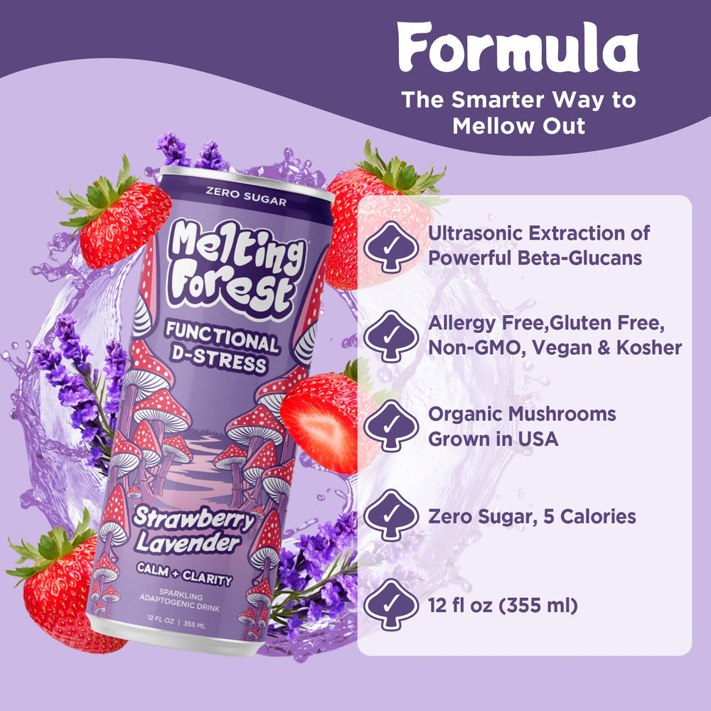 Melting Forest can with ingredient flatlay showing mushrooms and botanicals for support
