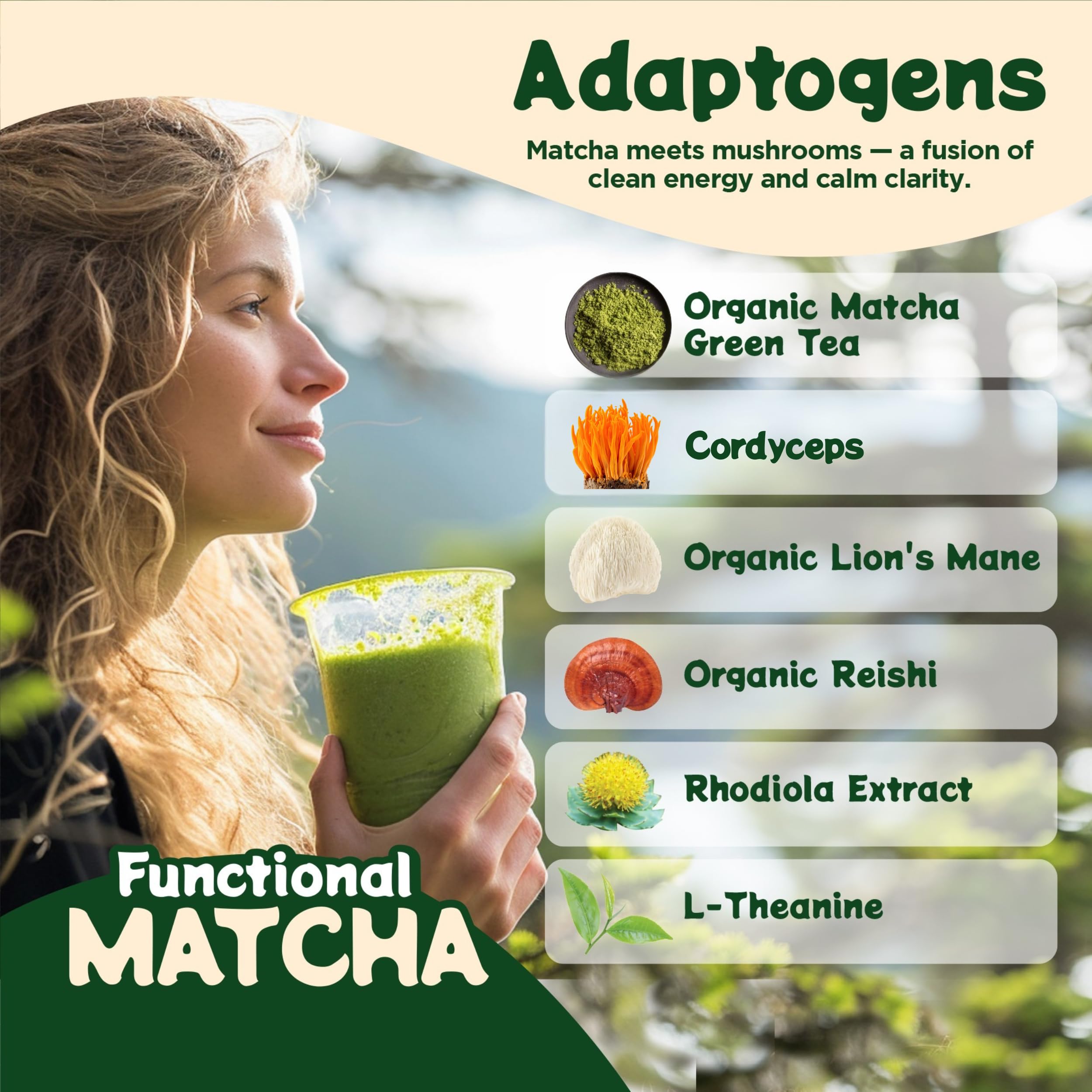 Melting Forest matcha latte in cup showing creamy froth and calm energy