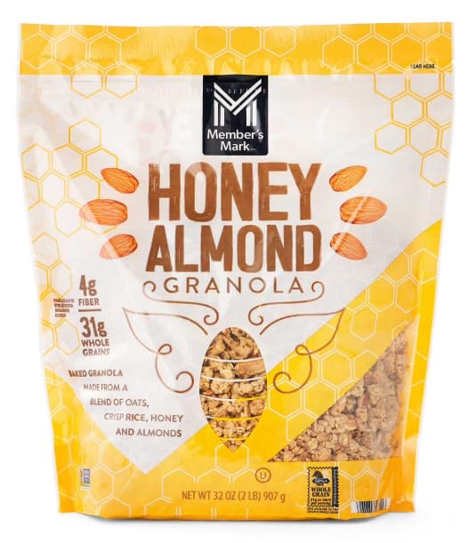 Member's Mark honey almond granola front packaging showing resealable bag and serving suggestion for convenience