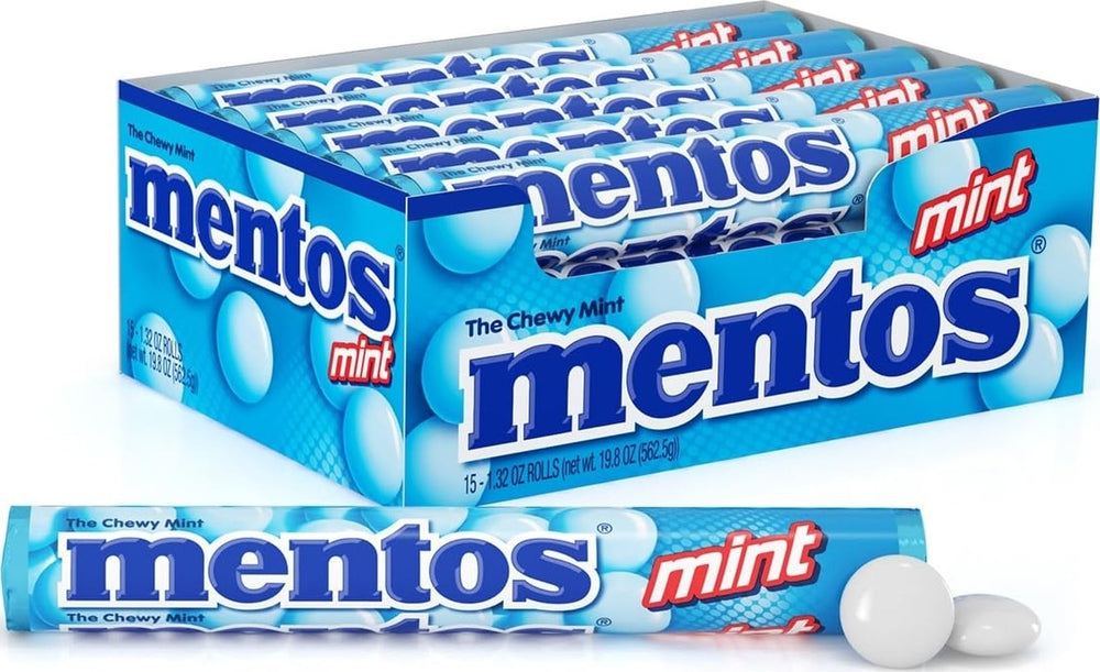 Mentos front packaging showing 15-roll multipack and brand freshness