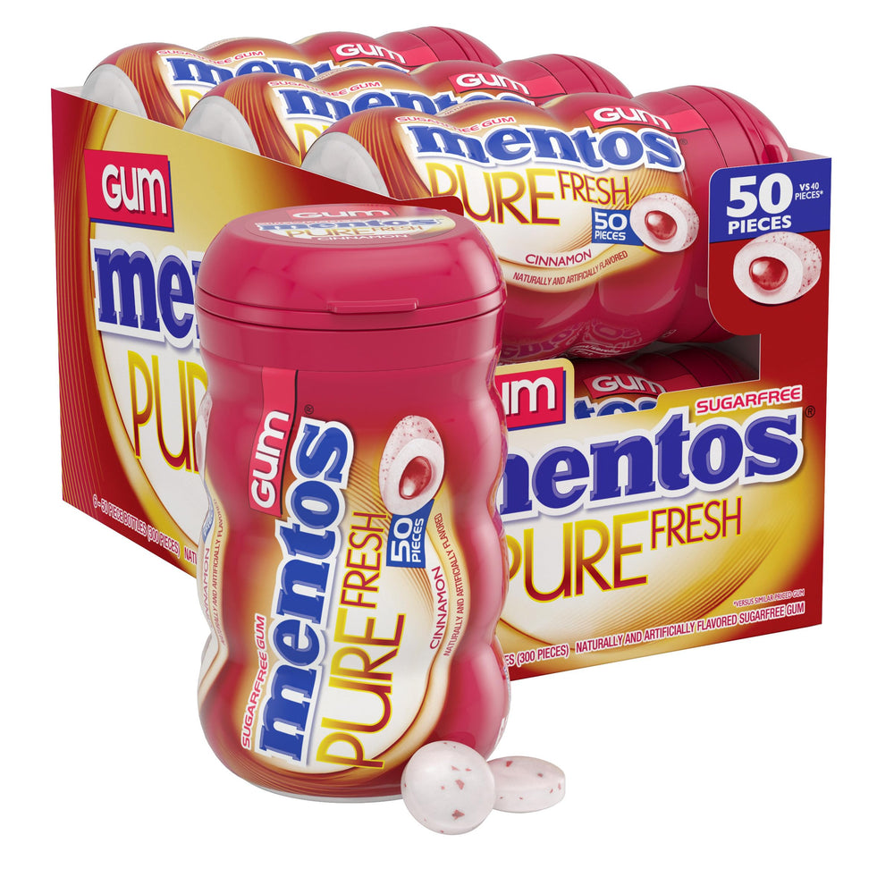 MENTOS cinnamon front bottle showing resealable cap and brand freshness