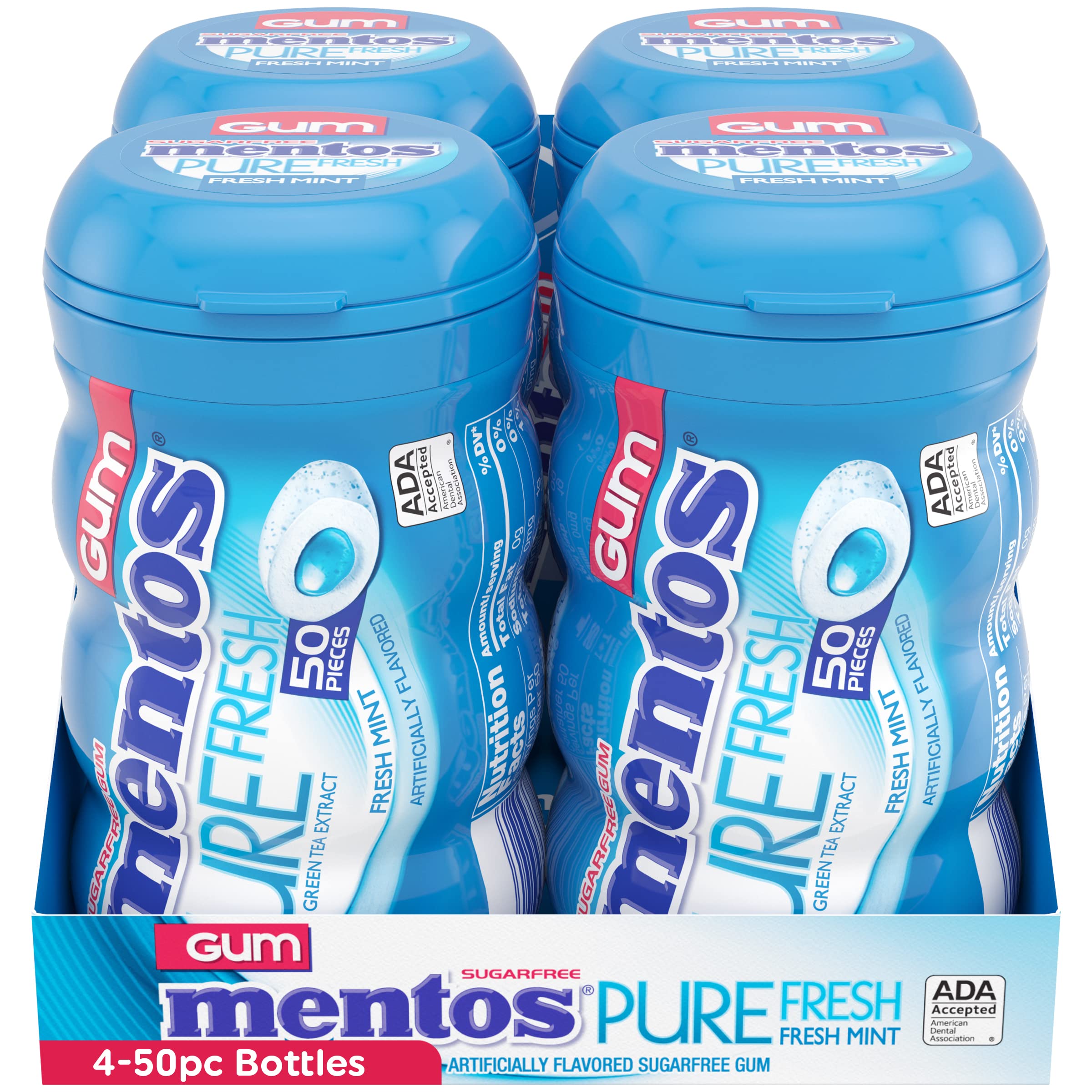Four Mentos bottles displayed together for bulk supply convenience