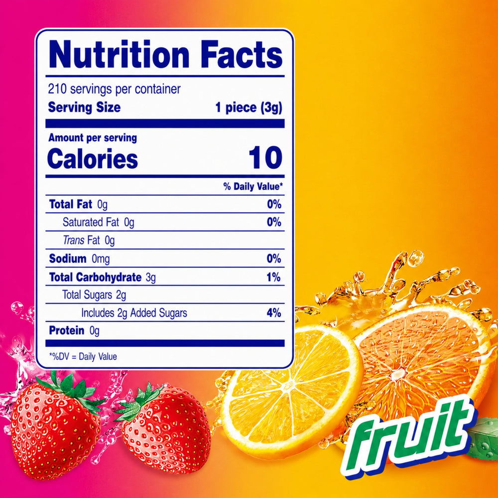 Close-up of Mentos pack label showing ingredients and clear information benefit