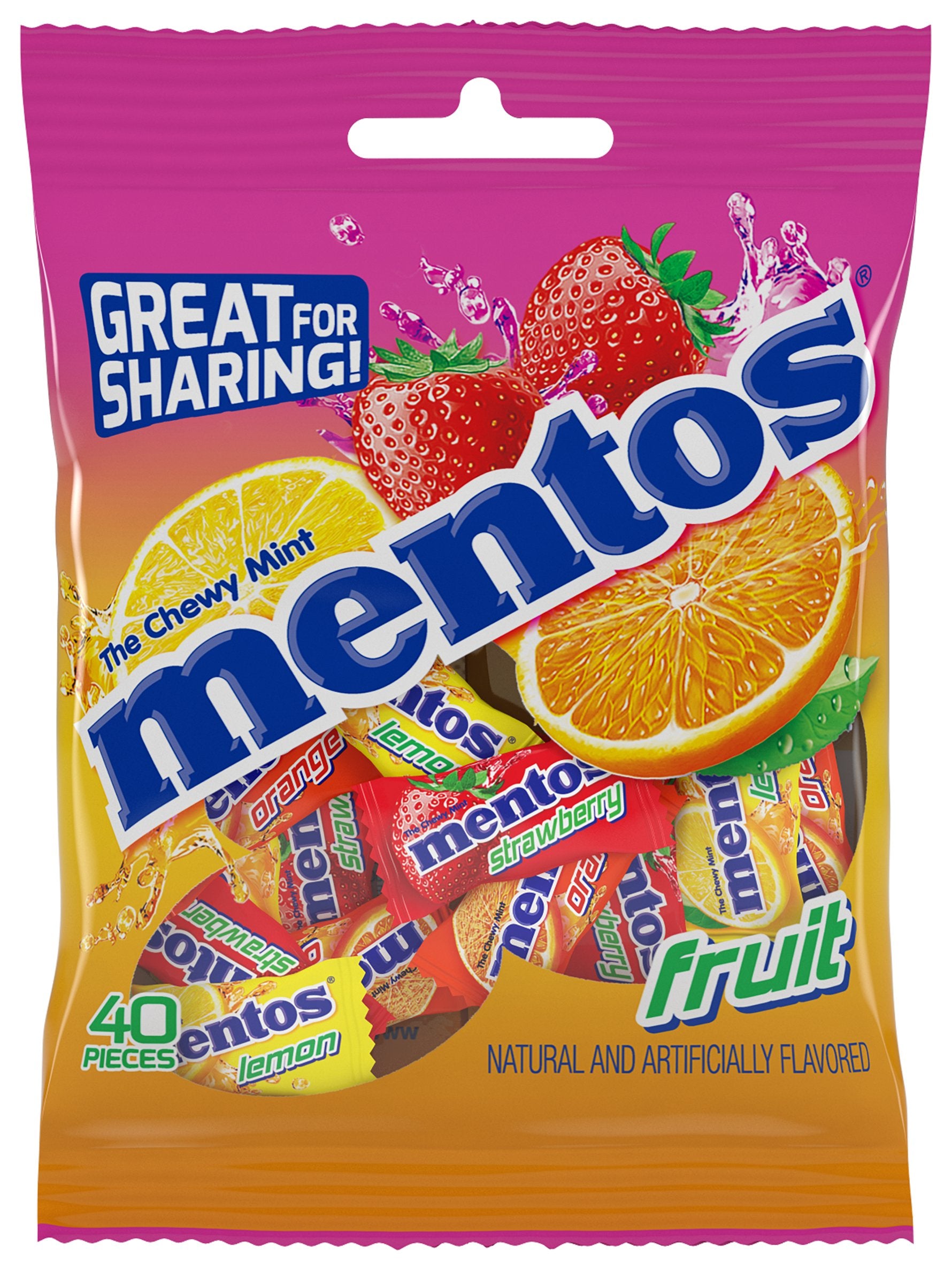 Mentos peg bag front view showing 40 individually wrapped fruit mints and easy display