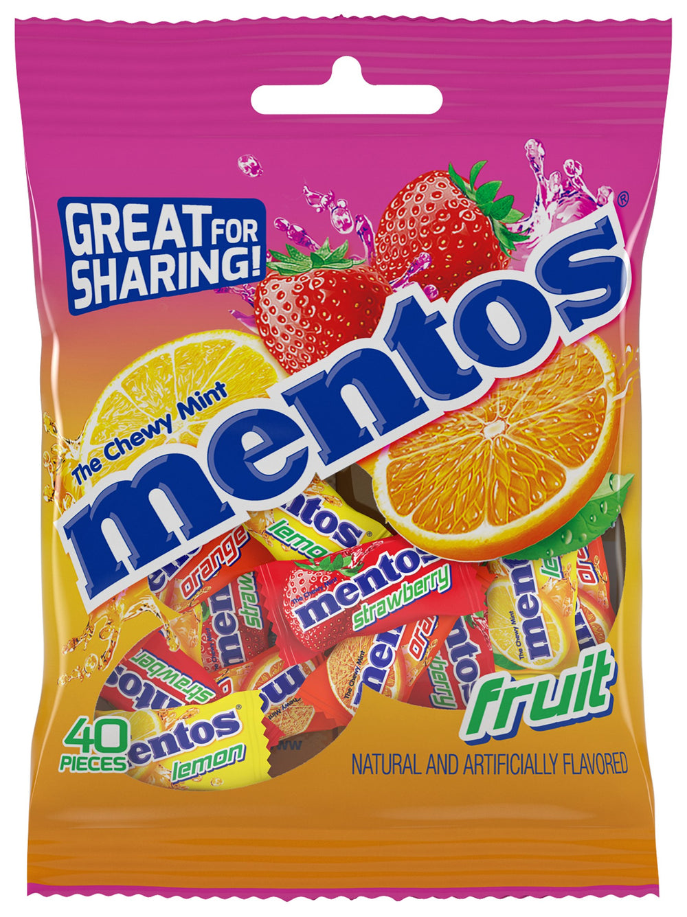 Mentos peg bag front view showing 40 individually wrapped fruit mints and easy display