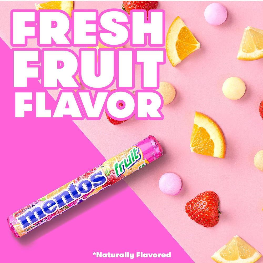 Open Mentos roll close-up showing chewy pieces and easy access benefit