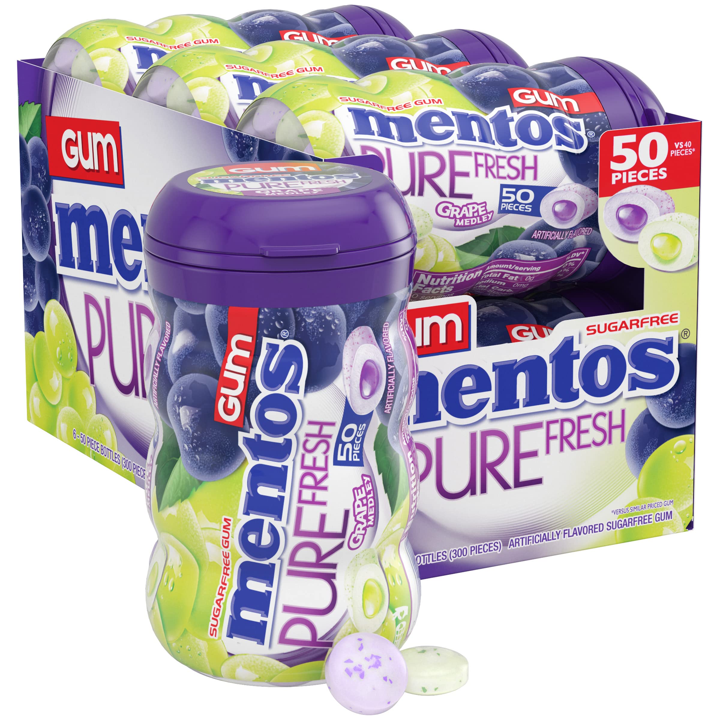 Mentos bottle front packaging showing grape medley flavor and quantity benefit