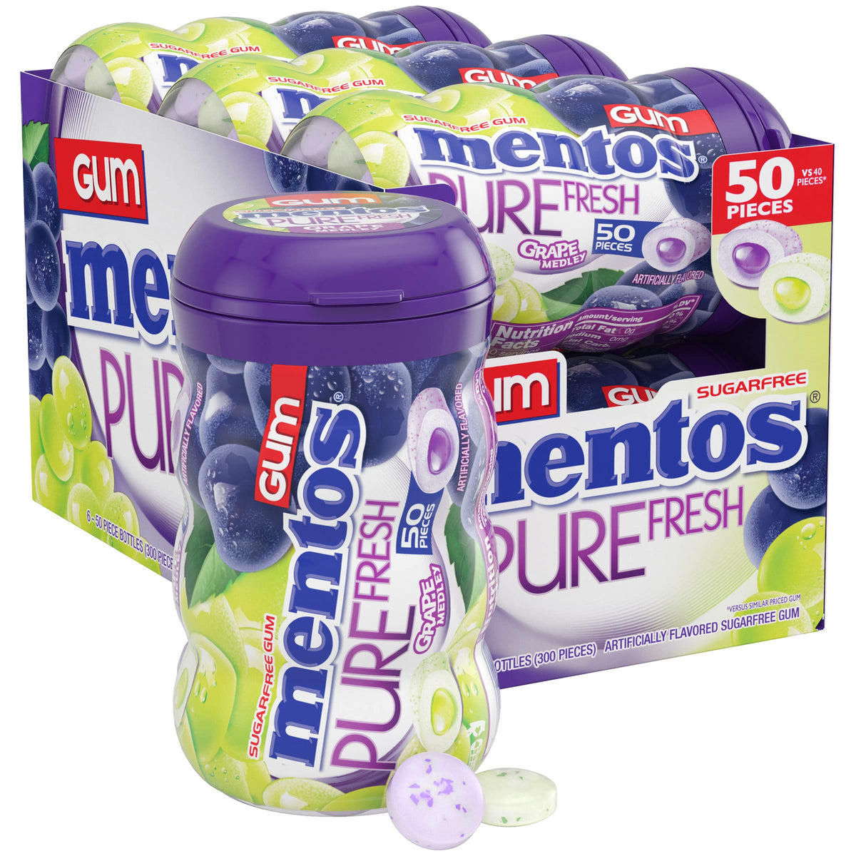 Mentos bottle front packaging showing grape medley flavor and quantity benefit
