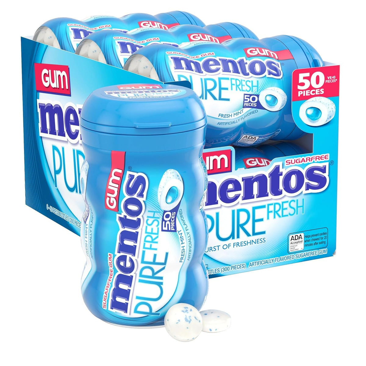 Mentos Fresh Mint front packaging showing six bottles and branding for quick grab