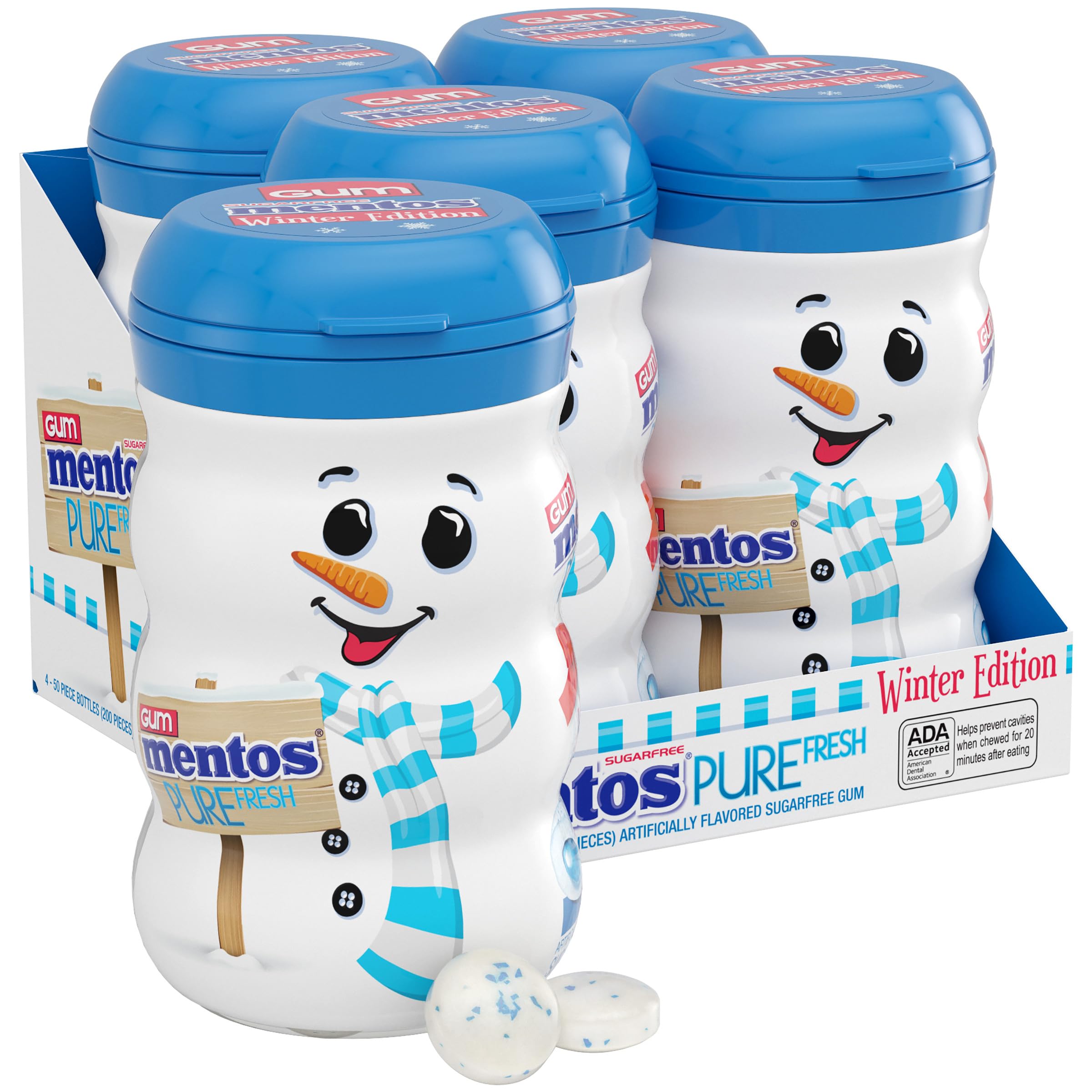 Mentos snowman bottle front view showing festive label and fresh mint benefit