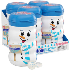 Mentos snowman bottle front view showing festive label and fresh mint benefit