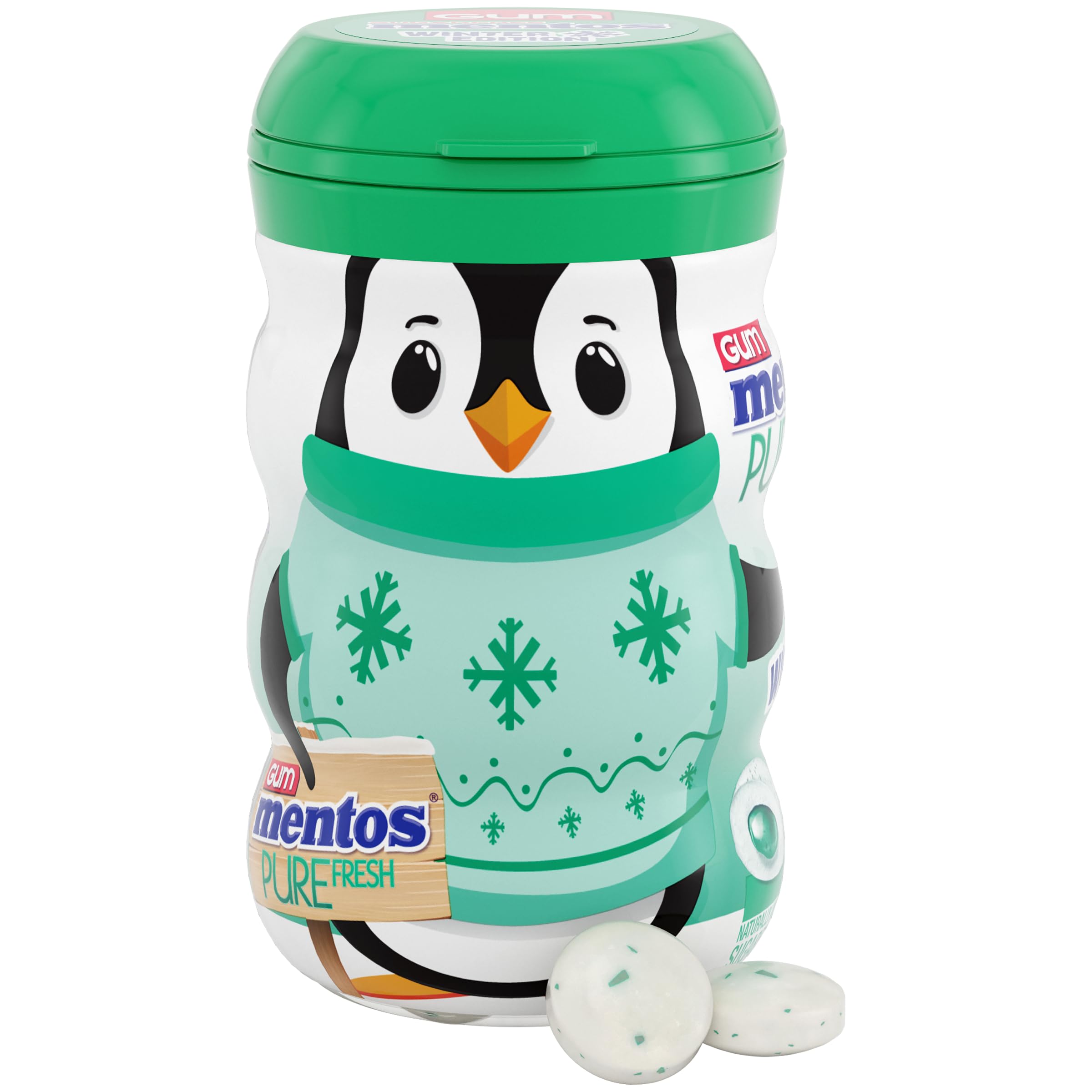 MENTOS bottle open with gum being dispensed, convenient for on-the-go use