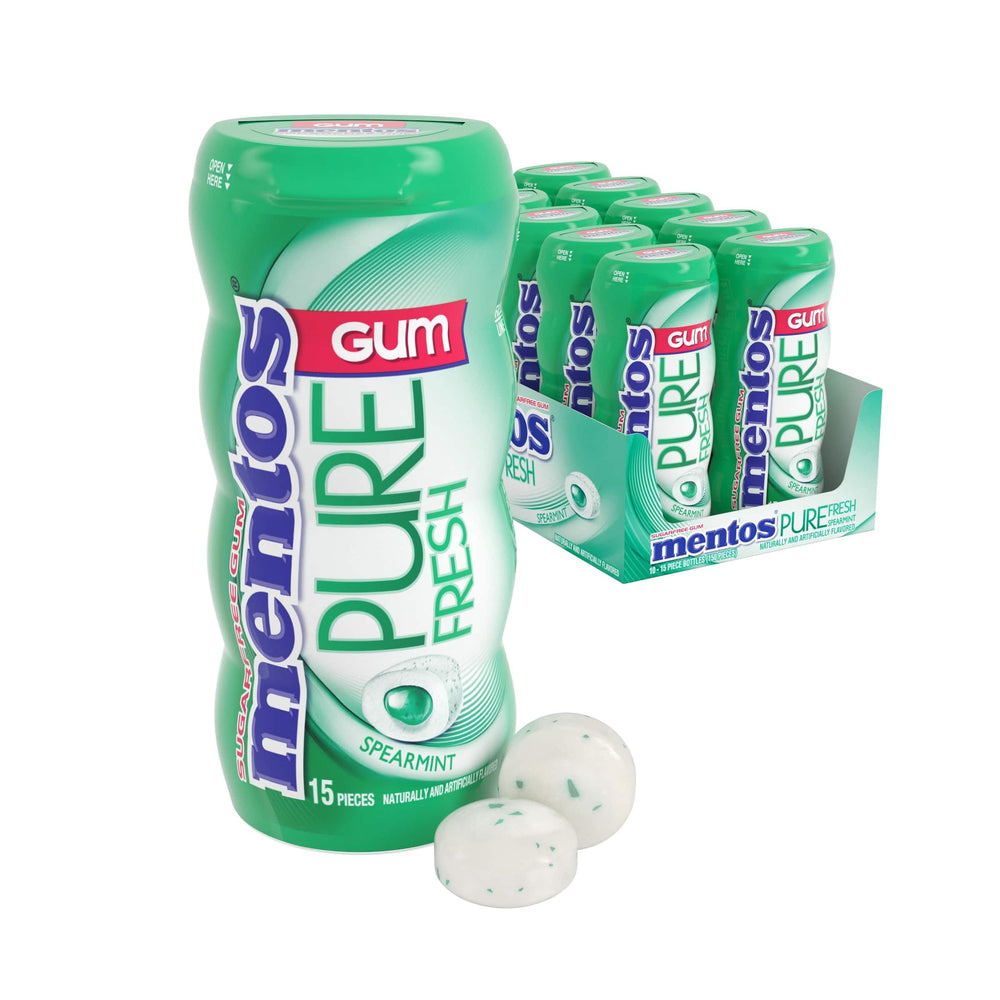 Mentos pocket bottle front view showing spearmint freshness and convenience