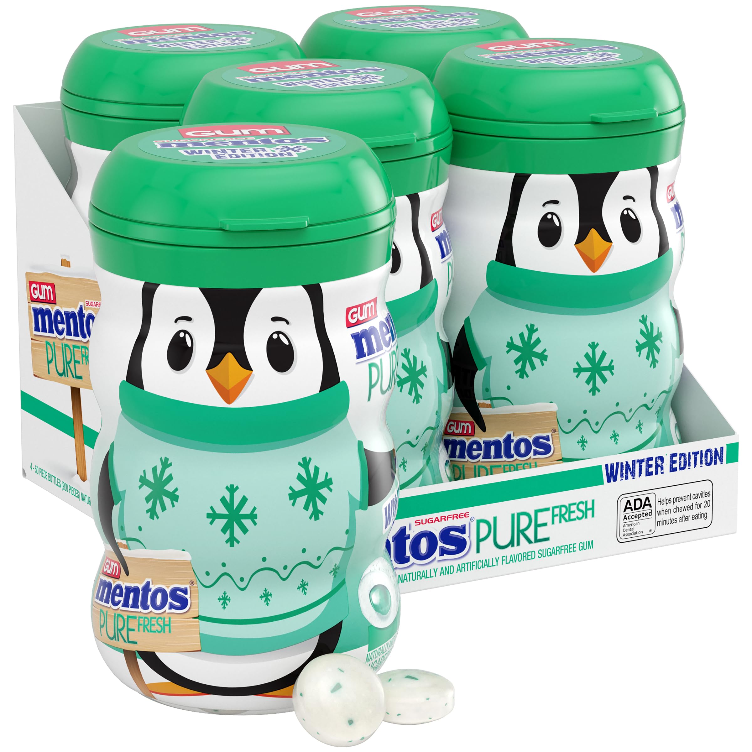 MENTOS winter bottle front view showing spearmint branding and resealable cap