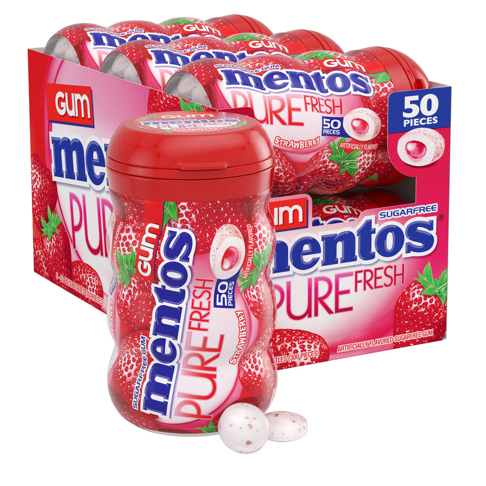 Mentos bottle front showing strawberry gum and resealable lid, brand freshness