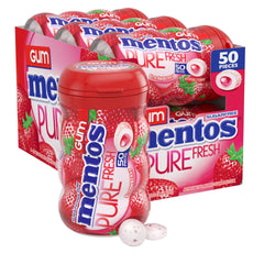 Mentos bottle front showing strawberry gum and resealable lid, brand freshness
