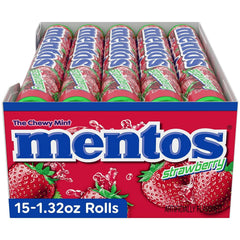 Close-up of Mentos strawberry candy texture highlighting chewy center benefit