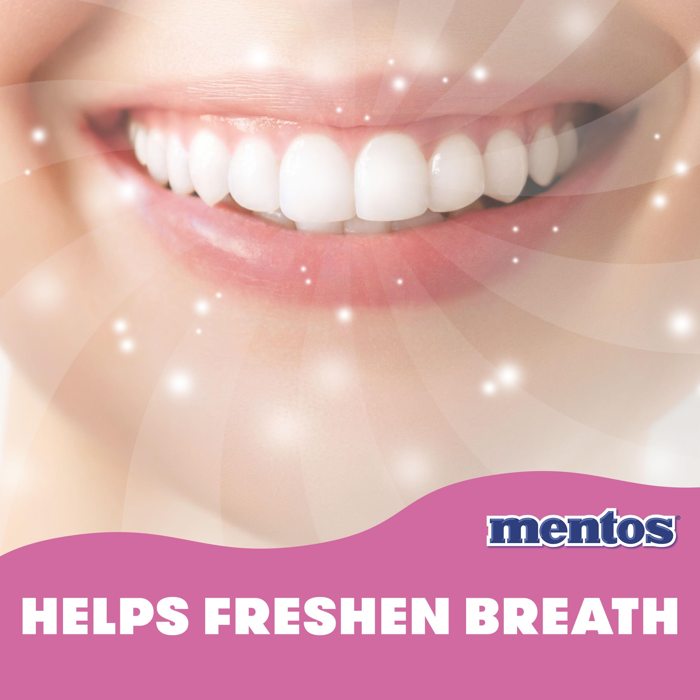 Close-up of Mentos strawberry gum texture and shape, brand consistent chew quality