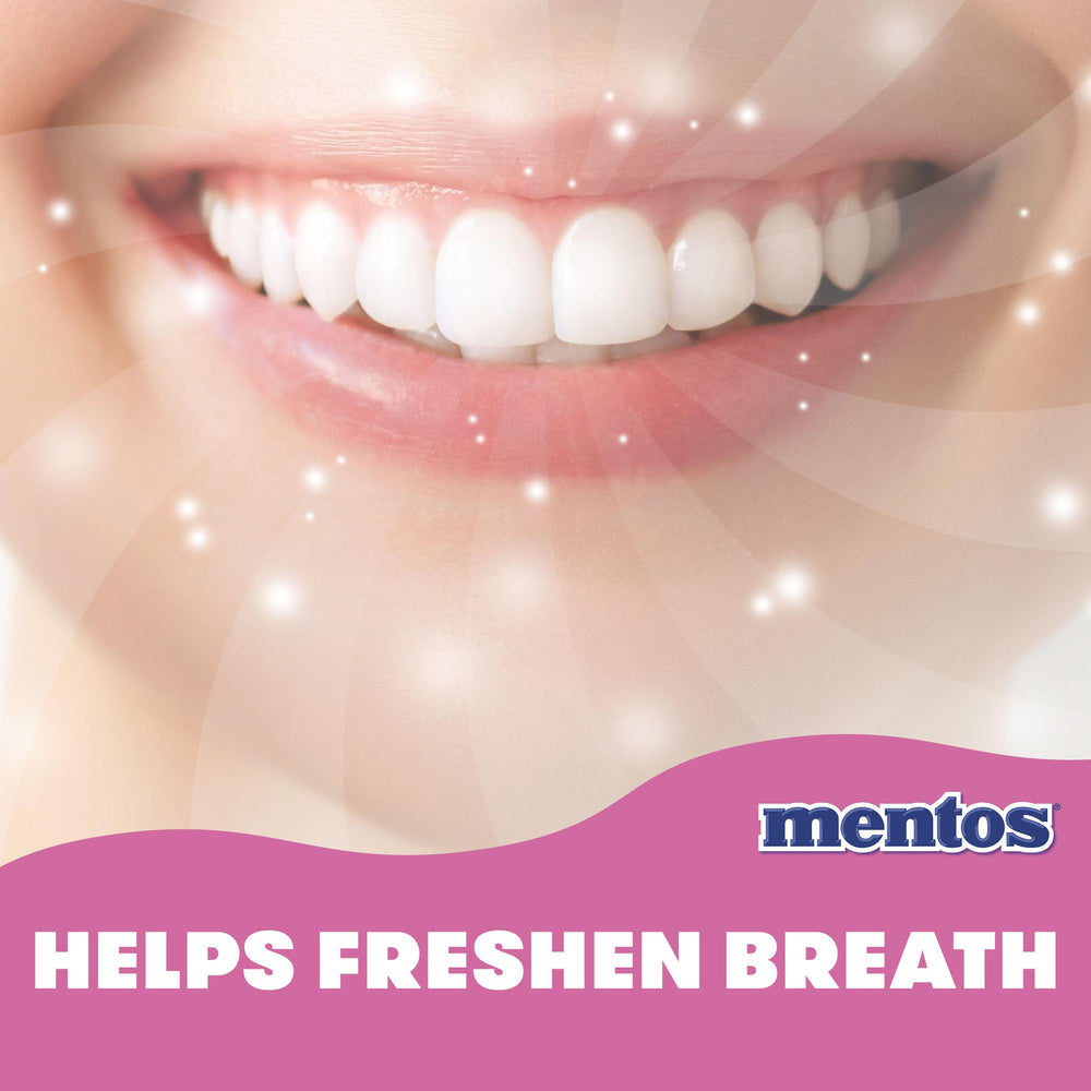 Close-up of Mentos strawberry gum texture and shape, brand consistent chew quality