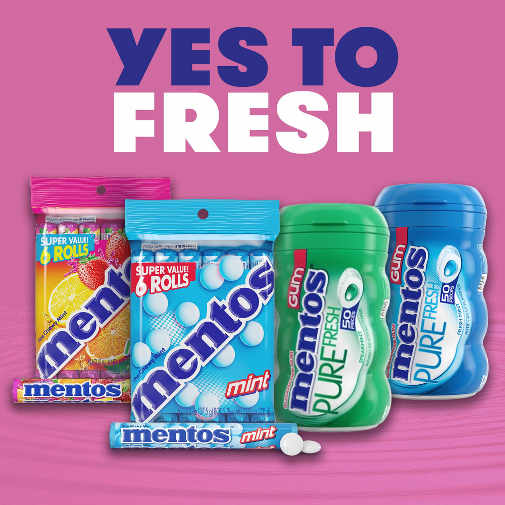 Mentos gum bottle beside a purse in lifestyle scene, brand easy on-the-go freshness