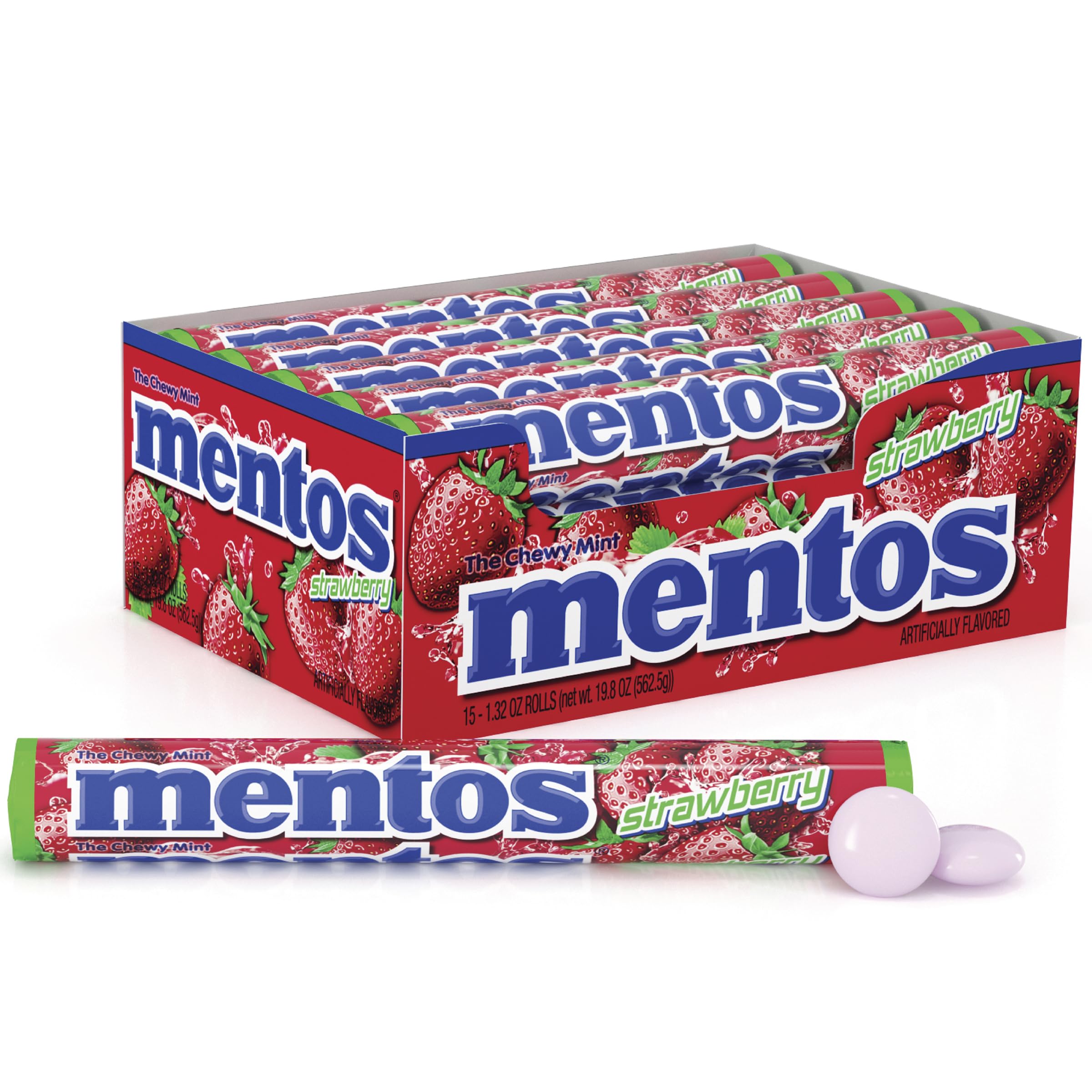 Mentos front packaging showing strawberry rolls and bright colors benefits sharing