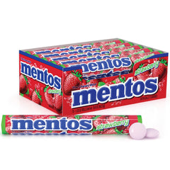 Mentos front packaging showing strawberry rolls and bright colors benefits sharing