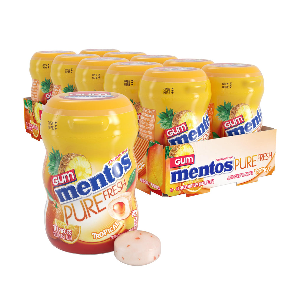 Mentos tropical front pack showing bottle design and bright branding benefit freshness