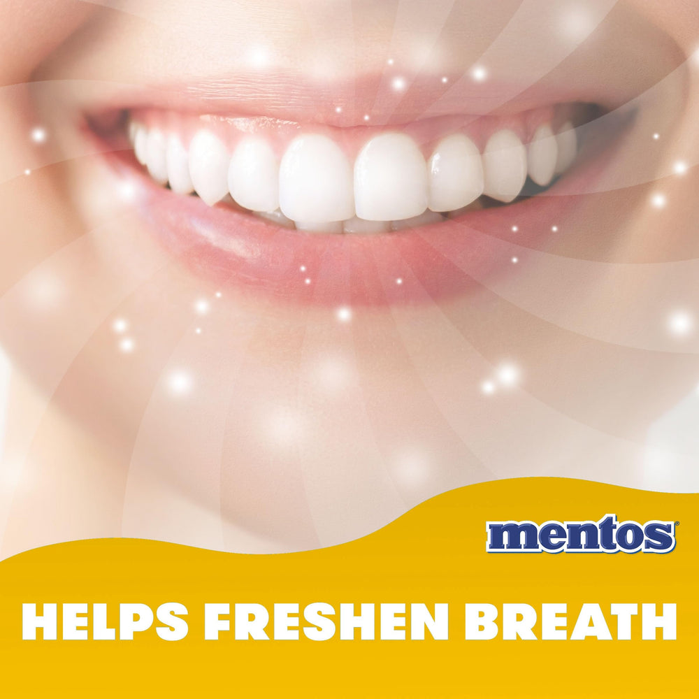 Close-up of Mentos piece interior showing soft center and crunchy shell benefit flavor