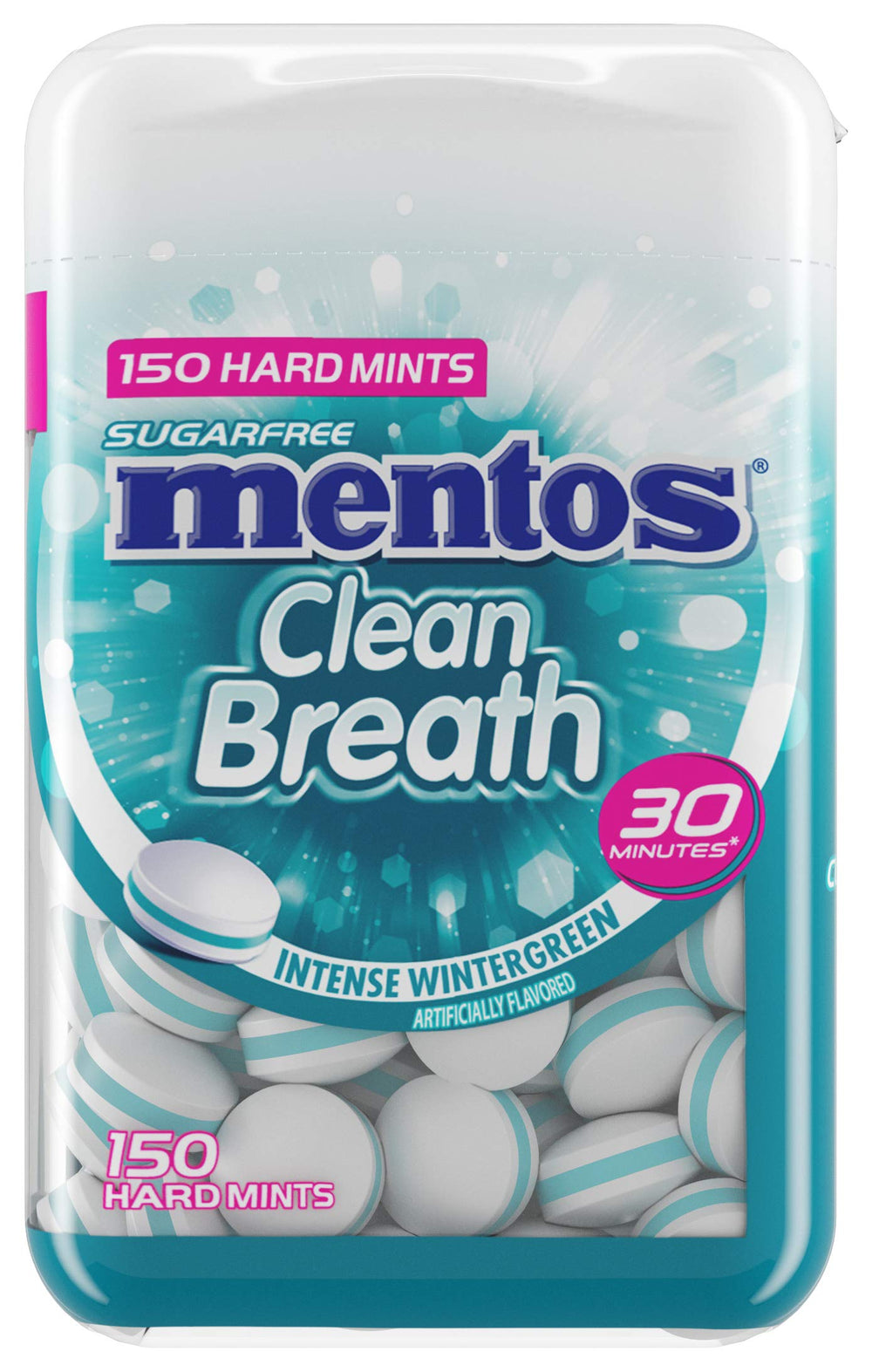 Mentos front packaging showing 150-count label and flavor mix for easy storage