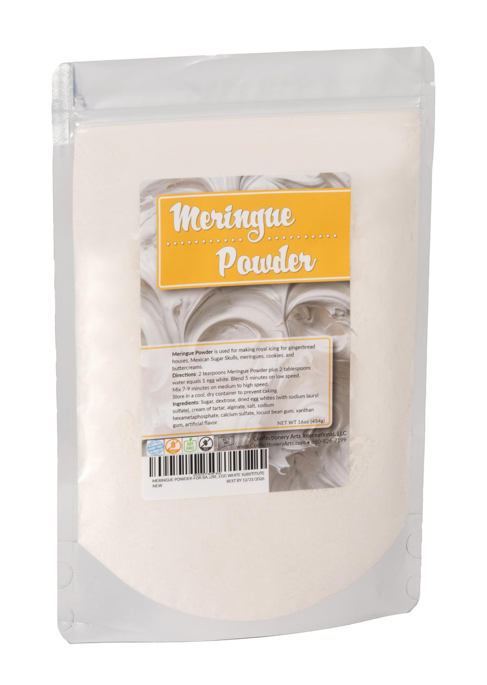 Generic meringue powder front pouch showing product and size for reliable baking